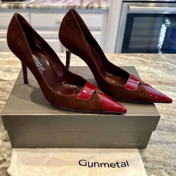 Rare Vintage Gunmetal Brown Suede with Red Patent Leather Pumps - Size 8 - EUC - Picture 5 of 7